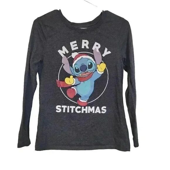 Disney Women's Charcoal Cotton/Poly "Merry Stitchmas" Long Sleeve Scoop Neck - Picture 1 of 3
